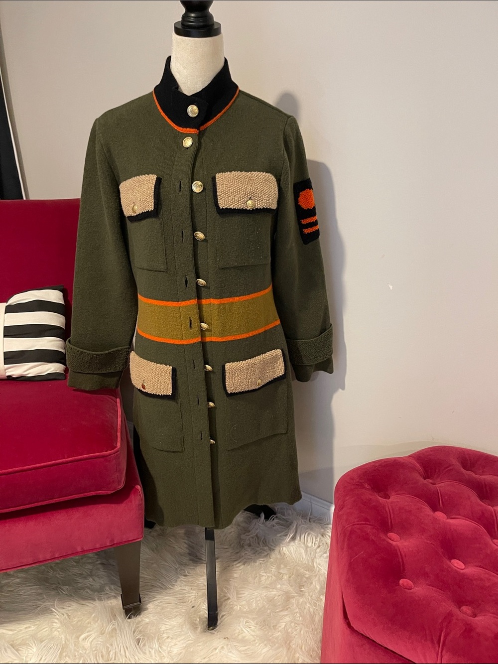 Rue Olive Green Military-Inspired sweater Long Coat with Contrast Trim